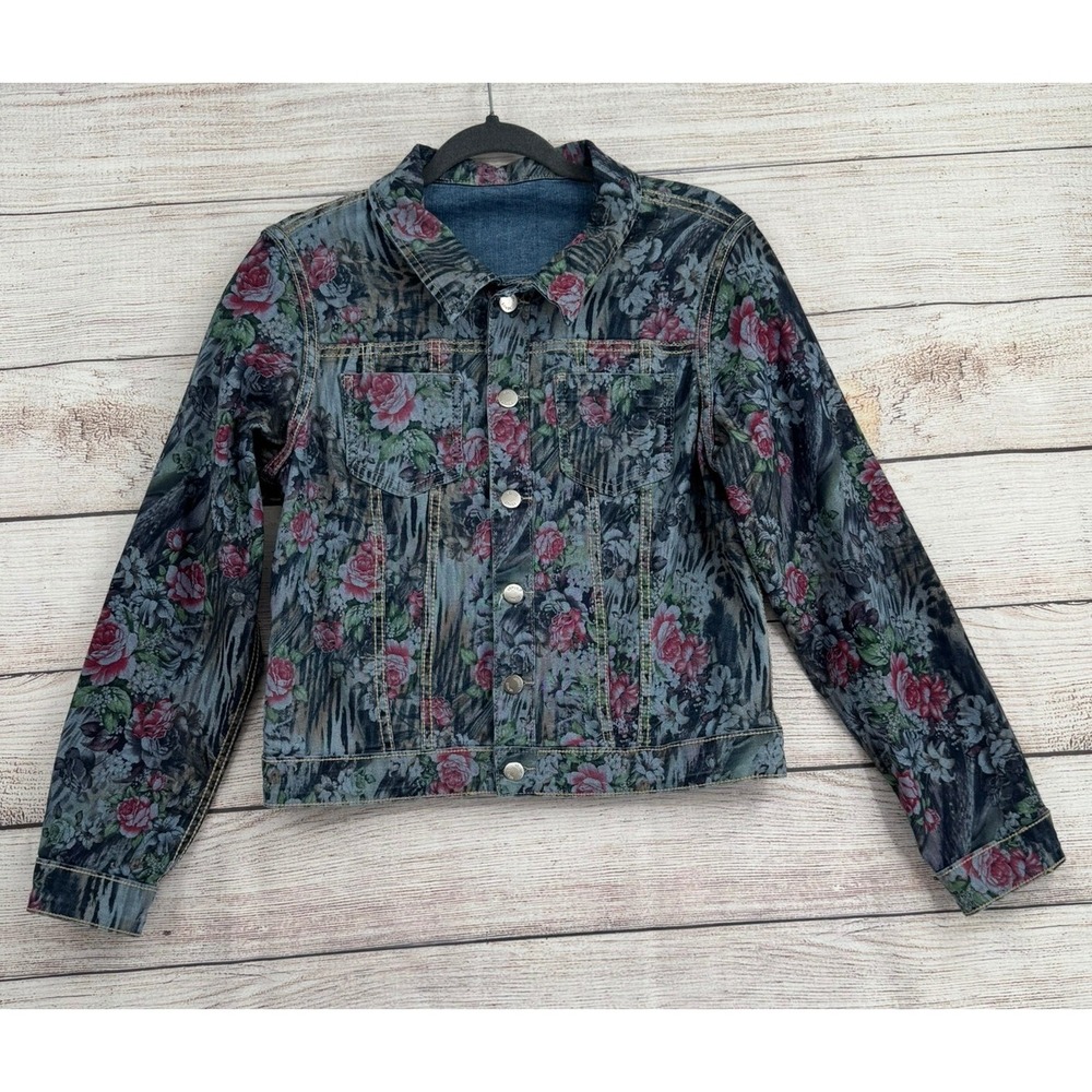 Venus Reversible Denim Jacket Womens Small Blue Floral Animal Print Trucker